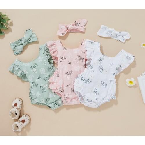 FOCUSNORM 0-24M Summer Baby Girls Cute Rompers Lace Flowers Printed Ruffles Short Sleeve Backless Jumpsuits