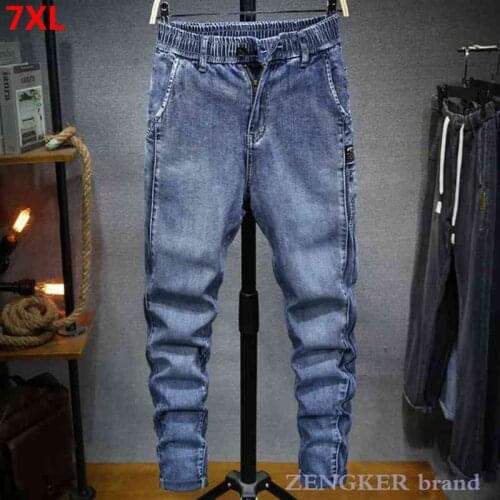 Autumn thick blue jeans plus size mens stretch straight-leg pants loose mens trousers 7XL 6XL boyfriend patchwork jeans