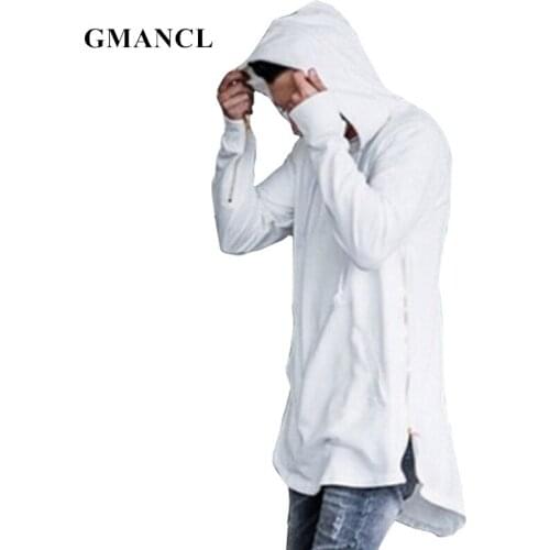 High quality Cotton Streetwear British Men Extended Curved hem Loose Hooded Pullover Gold Side Zipper Hipster Hoodies Sweatshirt