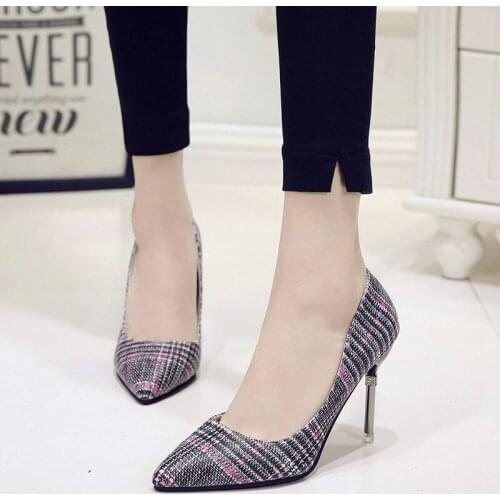 2018 new women high heel pumps Plaid solid fashion sexy party shoes crystal thin heel 10 cm slip on wedding heels casual brand