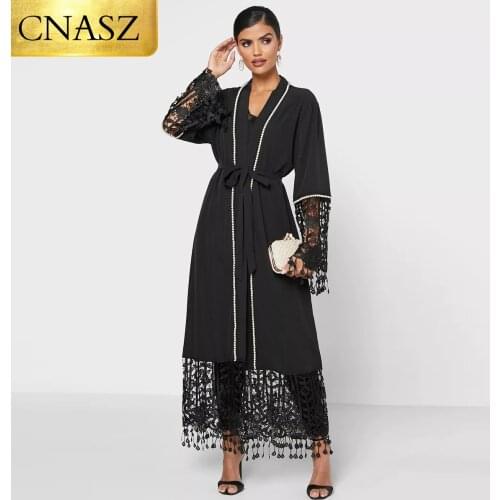 2021 New Fashion Hot Muslim Abaya For Women Long Lace Tassel Sleeve With Peals Latest Fashion Design In Dubai Islamic Clothing