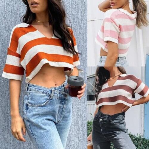 Casual Women Loose Crop Top 2021 Adults Summer Striped Print Short Sleeve V-Neck T-shirt (Orange, Brown) S-XL