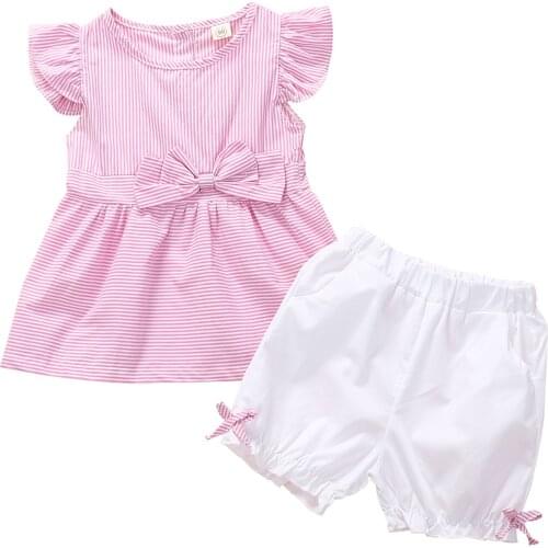 Infant Baby Girls Casual Two-piece Clothes Set, Pink Stripe Printed Pattern Round Collar Tops and Shorts 1-5T