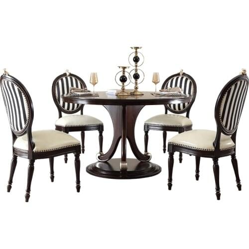 French light luxury neoclassical solid wood large round table leather chair household European combination