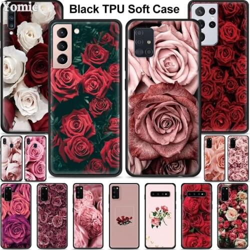 Rose Pink Flower Case For Samsung Galaxy S21 Ultra A51 A71 A52 A72 5G S20 FE A50 A70 A41 A31 A30 A21s TPU Black Phone Cover Capa