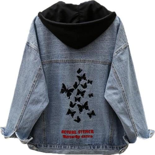 Blue Deconstructable Hooded Denim Jacket Streetwear Women Turn-down Collar Loose Patchwork Outwear Large Size Jean Coat Female