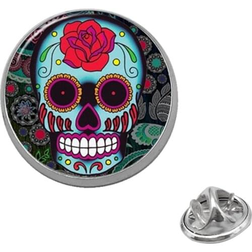 Suteyi Mexico Sugar Skeleton Pins Fashion Flower Skull Glass Dome Brooches Women Men Jewelry Charms Bone Brooch Jewelry