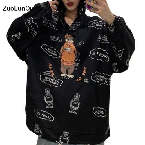ZuoLunOuBa Spring Autumn Korean Fashion Women Hoody Thin Style Sweatshirt Print Speak English Cute Bear Female Casual Pullover