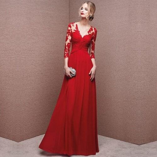 A Line Red Evening Dresses V-Neck Long Sleeve Lace Applique Chiffon Pageant Chiffon Illusion Button Wedding Prom Mother Gown New