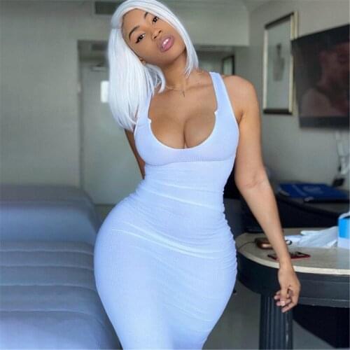 Streetwear Sleeveless Long Summer Dress Women Casual Ribbed Bodycon Club Party Dress Solid Tight Maxi Dresses for Women 2021