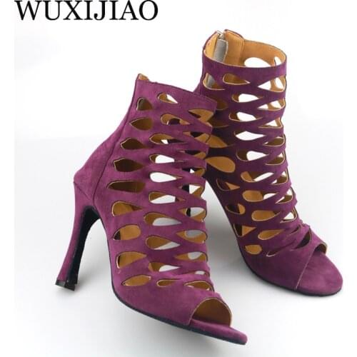 WUXIJIAO Ladies black mesh suede fashion cross strap sexy high heel sandals comfortable latin dance shoes salsa shoes