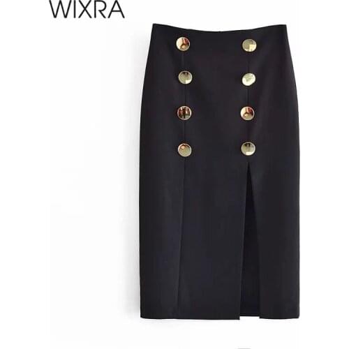Wixra Womens Office Lady Pencil Skirts Double Breasted Knee Length Cothing Streetwear 2021 Spring Summer