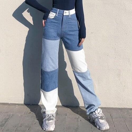 Womens Korean Wide Leg Jeans Fashion Contrast Color Stitching High-waist Long Pants with Pocket