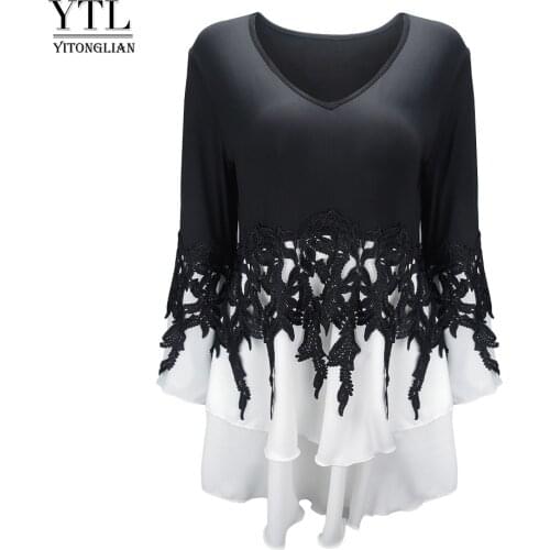 Women Elegant Layer Top of Enchantment Lace Crochet Patchwork Flare Long Sleeve Top V Neck Delicate Office T-Shirt Shirts H175