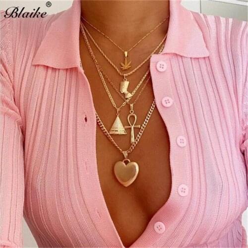 Blaike Exaggerated Alloy Maple Leaf Egyptian Pharaoh Cleopatra Pyramid Love Chain Multi-layer Pendant Necklace For Women