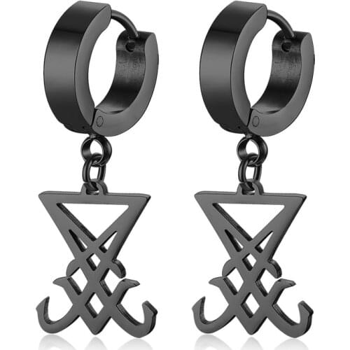 Church Of Satan Seal Of Lucifer Earrings Black Tone Stainless Steel Men Drop Earrings