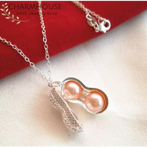 Charmhouse 925 Silver Pearl Necklaces For Women Crystal Peanut Pendant & Necklace Link Chain Choker Collier Fashion Jewerly