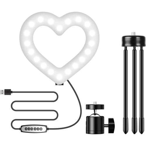 Bi-color Heart-Shaped LED Fill Light Flexible Ballhead Adapter Desktop Tripod for Streaming Online Video Selfie Makeup Vlog Live