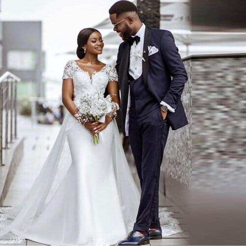 Graceful Cap Sleeve Mermaid Wedding Dresses with Detachable Train Appliques Bead V-neck Bridal Dresses Cheap Satin Wedding Gowns