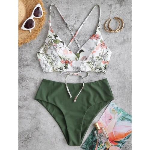 Floral Bikini Set Bathing Suits for Women 2 Piece Swimsuits Push Up Padded Bandeau Bikini Top Full Coverage Mid Waist Bottom
