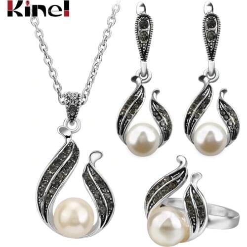 3Pcs Pearl Jewelry Sets For Women Silver Color Hollow Out Water Drop Necklace Earrings And Ring Vintage Wedding Jewelry Set