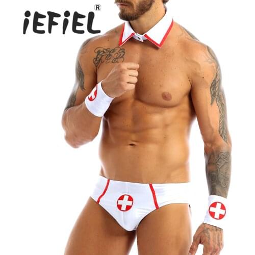 IEFiEL Mens Doctor Nurse Role Play Sexy Costumes Outfit Set Briefs with Collar and Red Cross Cuff for Themed Party Nightwear