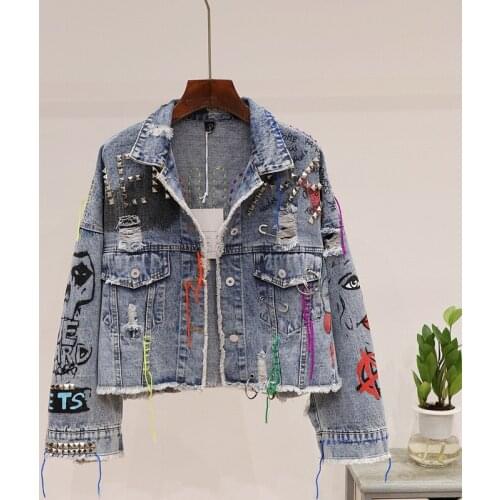 Graffiti Denim Jacket Women Basic Coat Short Rivet Jeans Jacket Autumn Big size Loose Streetwear Tassel Denim Coat Women Outwear