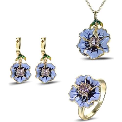 Beautiful Bohemian Flower Leaf Pendant Necklace Ring Earrings Women Engagement Wedding Gift Jewelry Set