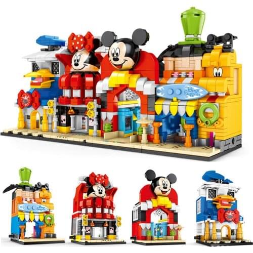 Disney Train and Station Model Castle Building Blocks Mickey Minnie Duck model Shop Store Kids Christmas Gifts Movie Street