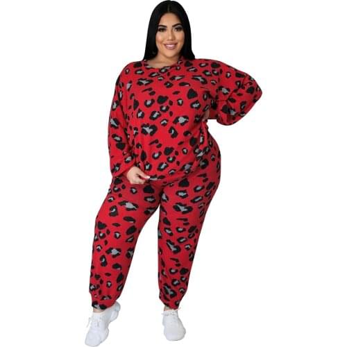 New Autumn Winter Plus Size Womens Fashion O Neck Long Sleeve Leopard Print Loose Sweater Casual Pants Matching Sets Two Piece