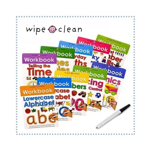 Educational Children English Numbers Time Phonics Maths Learning Wipe Clean Workbook 10pcs set + 1 pen Baby Funny Books