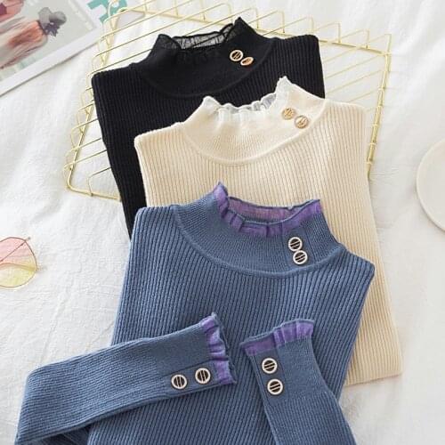 Pullover Sweater Knitted Women Winter 2021 Lace High Neck Basic Slim Casual Ribbed Knit Top Autumn Button Clothes Sweaters