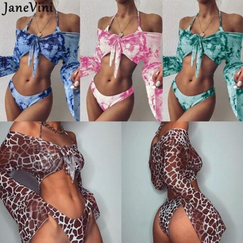 JaneVini Sexy Leopard Print Women Swimwear Bikini Set Swimsuit Three Pieces Halter Thong Beachwear Long Sleeve String Femme 2021