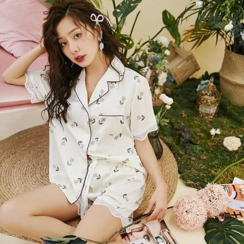 Sweet Flower Print 2PCS Ice Silk Pajamas Suit Women Summer New Short Sleeve Shorts Sleepwear Lace Trim Home Pijama Nightwear