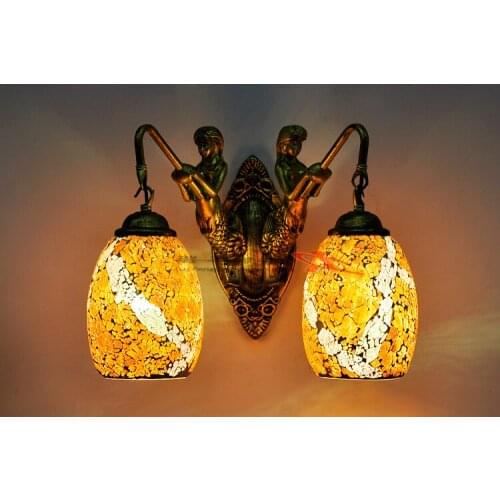 Light glass wall lights Yellow crack glass mermaid retro pastoral living room bedroom hotel lighting 2 heads wall light ZA