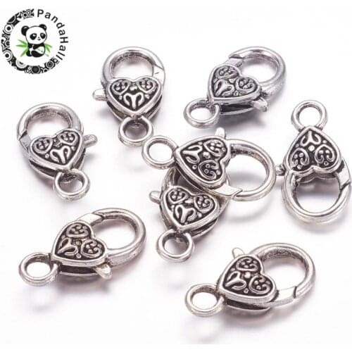 Tibetan Style Heart Lobster Claw Clasps, Lead Free and Cadmium Free, Antique Silver Color