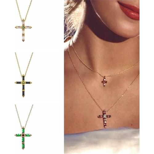Viny Rectangular Cutting Zirconia Cross Necklace For Women 925 Sterling Silver Jewelry Charming Pendant Chain 18K Choker Collar