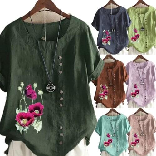 New Summer Women Fashion Round Collar Short Sleeve T-Shirt Casual Floral Printed Linen Shirt Loose Ladies Blouse Tops Plus Size