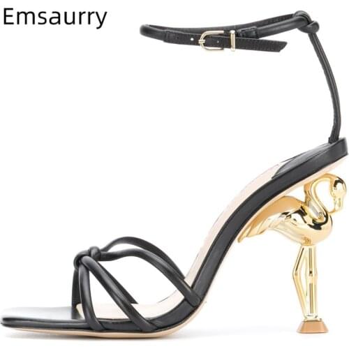 Unique Flamingo Strange High Heel Sandals Women Knitted Narrow Band Ankle Strap New Design Summer Runway Shoes Woman