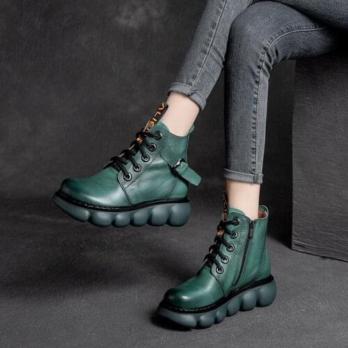 Women Ankle Boots Genuine Leather Women Shoes Autumn Retro Wedge Heels Riding Boots for Women Handmade Green Brand Shoes 2021