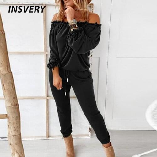 2021 Jumpsuit Summer Long Sleeve Sexy Off Shoulder Ruffle Romper Women Casual Jumpsuit Women Drawstring Spring Overall Playsuit