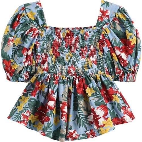 Summer Womens Short Printed Top Puff Sleeve Fashion Casual Cotton Linen T-shirt 2021 New