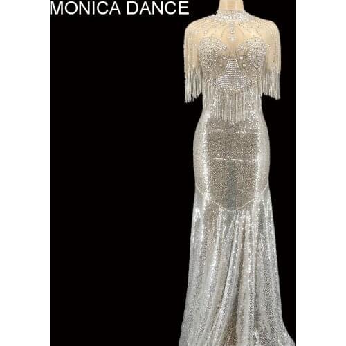 Women Sexy Stage Sparkly Rhinestone Fringes Crystal Sequin Long Dress Celebrate Birthday Dress Prom Party Dress Singer Dress