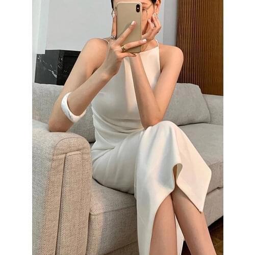 New Women Summer Spaghetti Strap Sleeveless Sexy Elegant Black White Party Slit Dress