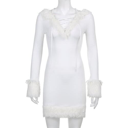 2021 Spring Autumn Women Mini Dress Y2K White Feather Fur Patchwork Bodycon Dress Kawaii Hooded Long Sleeve Sexy Party Dresses