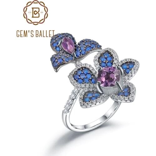 GEMS BALLET Secret Garden 925 Sterling Silver Adjustable Open Ring For Women Natural Amethyst Gemstones Flower Handmade Rings
