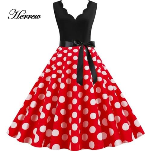 HERREW Woman Retro Dresses Audrey Hepburn 1950s 60s Rockabilly V-neck Polka Dot Bow Pinup Ball Grown Party Robe XXXL Vestidos