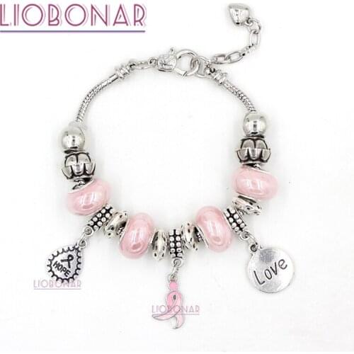 1PC Breast Cancer Awareness Bracelet Jewelry Snake Chain Love Hope Pink Ribbon Charm Bracelets for Cancer Center Foundation Gift