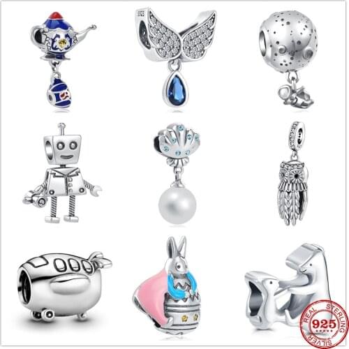 New 925 Sterling Silver Teapot Astronaut Robot Aircraft Owl Dangle Beads Fit Original Charms Pandora Bracelet Bead DIY Jewelry