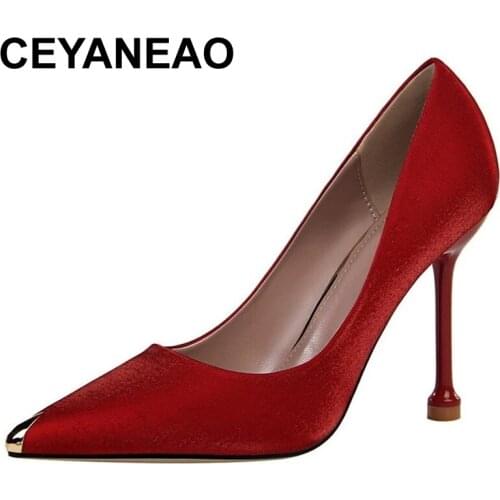 CEYANEAOwomen shoes 2021party shoes for thin heel, high heel, satin, shallow mouth, metal tip, sexy slim single